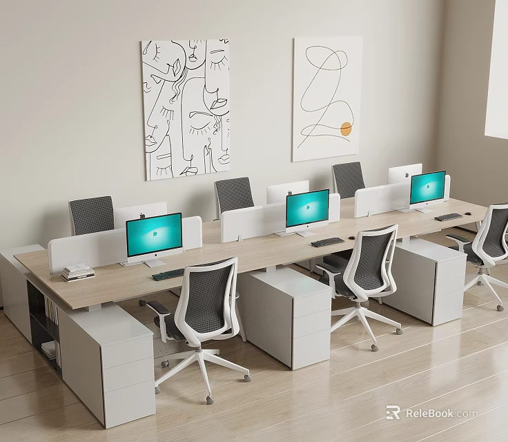 Modern Office Desk Setup With Computer Monitors Office Chairs And Wall Art 3d model 