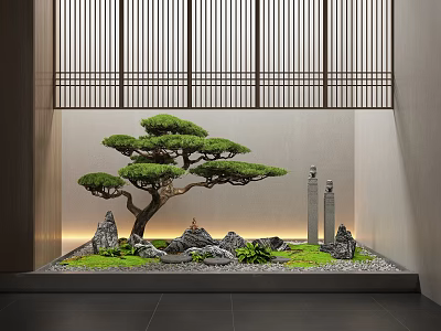 Japanese Zen Interior Landscape With Bonsai Pine Tree Stones And Bamboo Screen 3d model