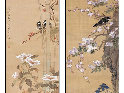 Traditional Chinese Painting Artwork With Bamboo Plum Blossoms Birds And Flowers 3d model