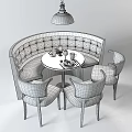 Modern Round Dining Table Set With Green Booth Brown Chairs And Tableware 3d model