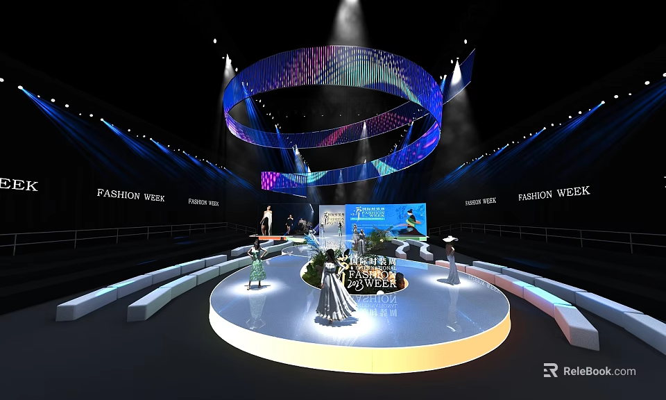 Fashion Week Stage Show With Circular Lighting And Models Displaying Outfits 3d model 