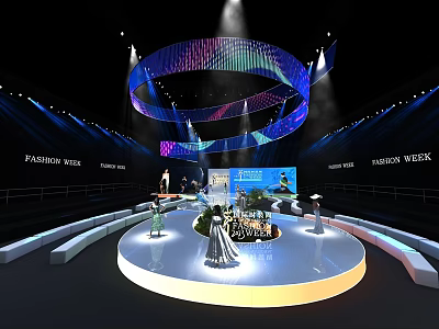 Fashion Week Stage Show With Circular Lighting And Models Displaying Outfits 3d model