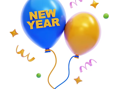 New Year Ornament Decoration Set With Blue Golden Balloons Streamers And Stars 3d model