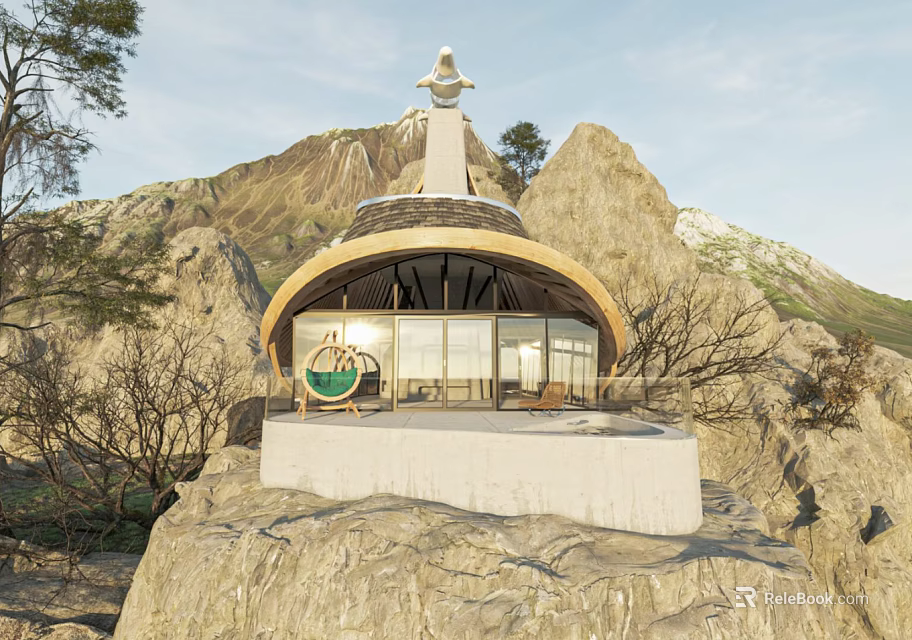 Detached Villa With Curved Roof And Large Windows In Rocky Mountain Setting 3d model 