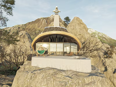 Detached Villa With Curved Roof And Large Windows In Rocky Mountain Setting 3d model