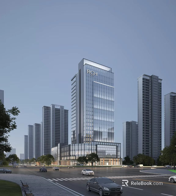 Modern Residential Building With Glass Facade Among High Rise Structures And Greenery 3d model 