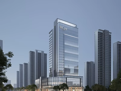 Modern Residential Building With Glass Facade Among High Rise Structures And Greenery 3d model