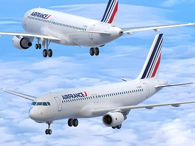Two Air France White Airplanes Flying In Sky With Red Blue Tail Stripes 3d model