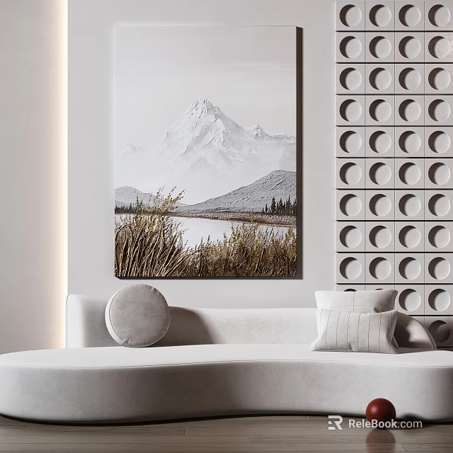 Modern Interior With Curved Sofa Mountain Painting And Circular Wall Decor 3d model 