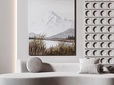 Modern Interior With Curved Sofa Mountain Painting And Circular Wall Decor 3d model