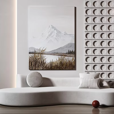 Modern Interior With Curved Sofa Mountain Painting And Circular Wall Decor 3d model