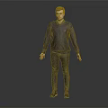 Man In Dark Blue Sweater Dark Pants And Black Shoes Standing On Gray Background