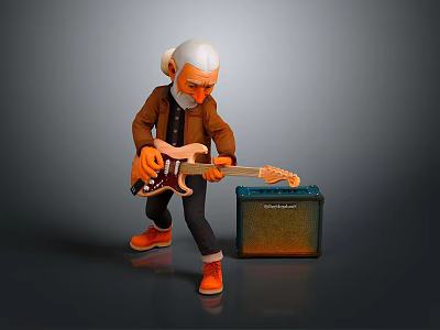 A Senior Man With White Hair Playing Electric Guitar Near Amplifier In Brown Jacket 3d model