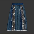 Stylish Women's Blue And Gray Patchwork Skirt With Decorative White Trim Details
