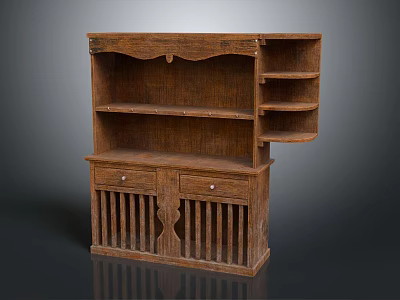 Vintage Rustic Wooden Cabinet Design With Drawers And Open Shelves 3d model