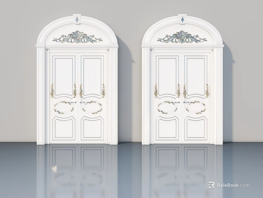 Elegant White Swing Doors With Golden Decorations And Arched Top Carvings 3d model 