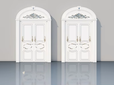 Elegant White Swing Doors With Golden Decorations And Arched Top Carvings 3d model