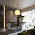Modern Study Room Interior Design With Open Shelves Green Sofa And Round Pendant Light