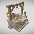 Cartoon Scene of Ancient Well With Wooden Frame Stone Structure Lantern and Bucket