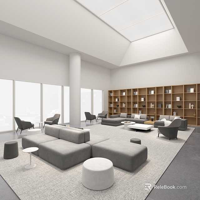 Modern Spacious Service Hall Interior With Sofas Chairs And Bookshelves 3d model 