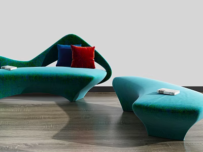 Teal Curved Sofa with Red and Blue Pillows and Matching Ottoman on Wooden Floor 3d model
