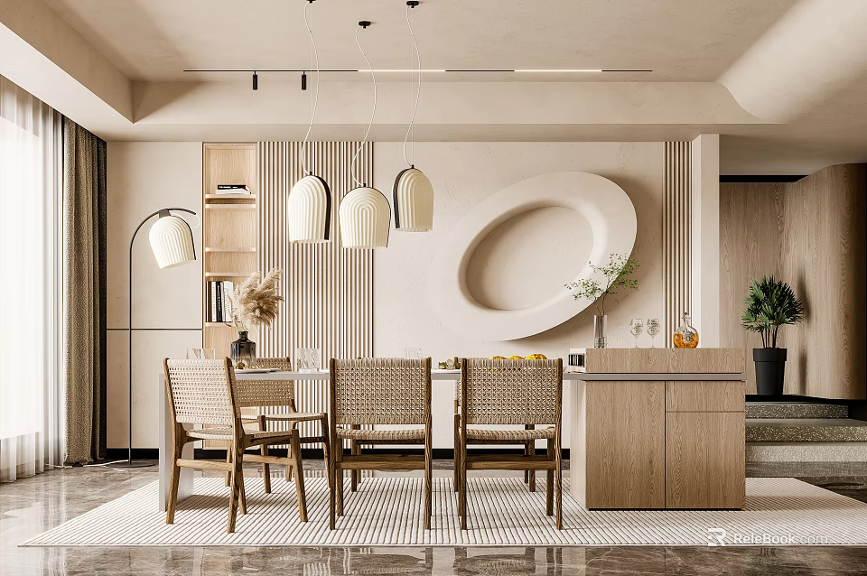 Modern Restaurant Interior With Dining Table Chairs Pendant Lights And Circular Decorative Wall 3d model