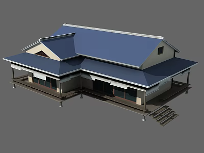 Traditional Architecture With Blue Roof Eaves Steps And Platform Design 3d model