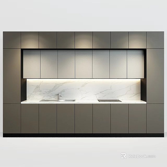 Modern Gray Kitchen Cabinets With Marble Countertop Sink Stove And Lighting 3d model 
