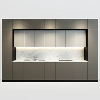 Modern Gray Kitchen Cabinets With Marble Countertop Sink Stove And Lighting 3d model