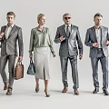 Group of Four Business People Walking in Formal Suits on Simple Background