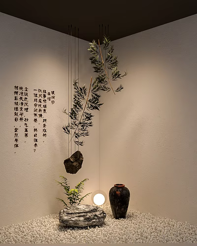 Serene Zen Interior Landscape With Hanging Plant Branches Stone Decor And Wall Calligraphy 3d model