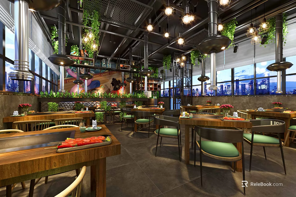 Bright Restaurant Interior With Wooden Tables Green Seats Hanging Lights And Green Plants 3d model 