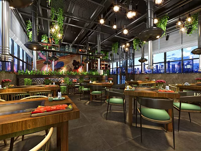 Bright Restaurant Interior With Wooden Tables Green Seats Hanging Lights And Green Plants 3d model