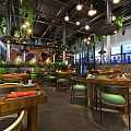 Bright Restaurant Interior With Wooden Tables Green Seats Hanging Lights And Green Plants
