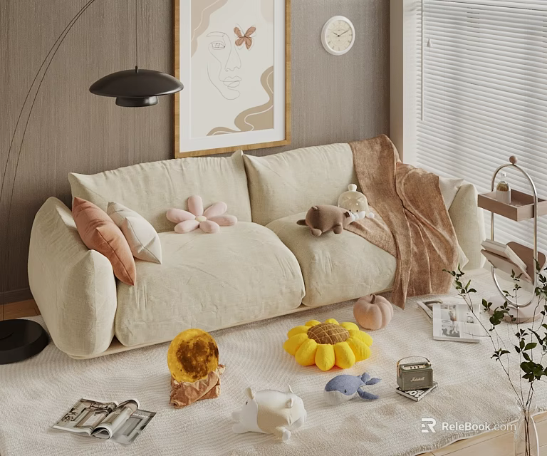 Beige Double Sofa with Soft Cushions Flower Decor and Plush Toy in Cozy Living Room 3d model 
