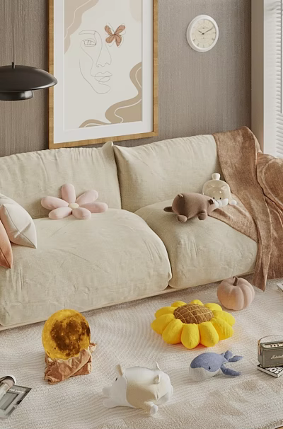 Beige Double Sofa with Soft Cushions Flower Decor and Plush Toy in Cozy Living Room 3d model
