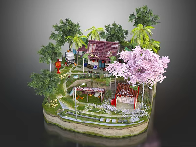 Cartoon Scene With Chinese Style House Pink Cherry Blossom Palm Trees And Red Lanterns 3d model