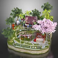Cartoon Scene With Chinese Style House Pink Cherry Blossom Palm Trees And Red Lanterns