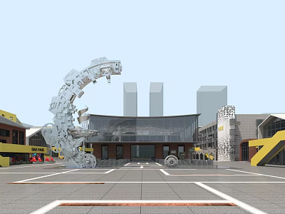 Modern Commercial Street Featuring Large Sculptures Modern Buildings Open Plaza and Pedestrian Area 3d model