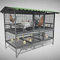 Multi Level Chicken Cage With Green Metal Roof And Various Chickens Chicks