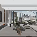 Modern Soft Minimalist Open Living And Dining Room With Stylish Furniture And Elegant Glass Partition