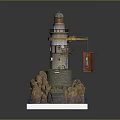 Detailed Lighthouse Model With Rock Base Crane And Hanging Container Platform