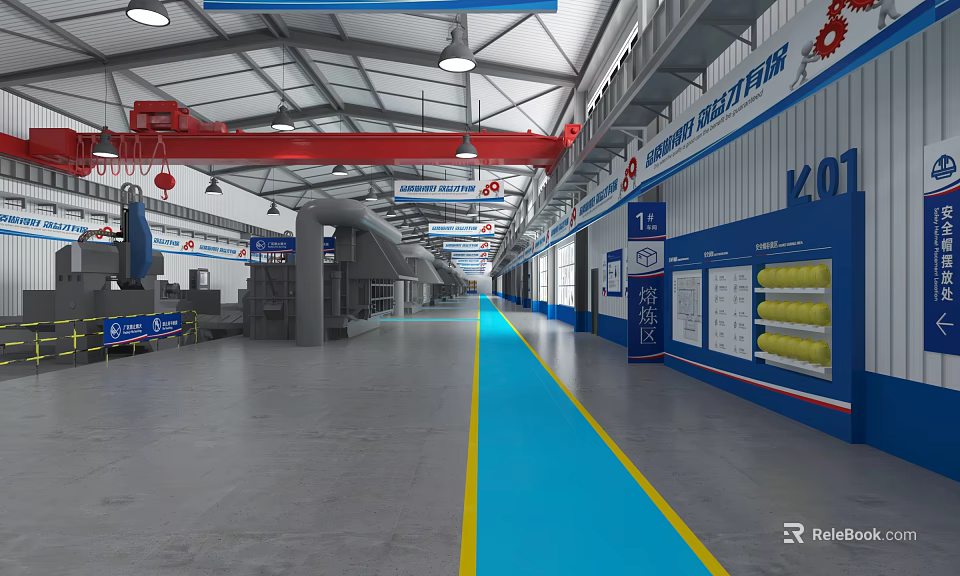Industrial Factory Interior With Red Overhead Cranes Blue Floor Markings Equipment And Signage 3d model 