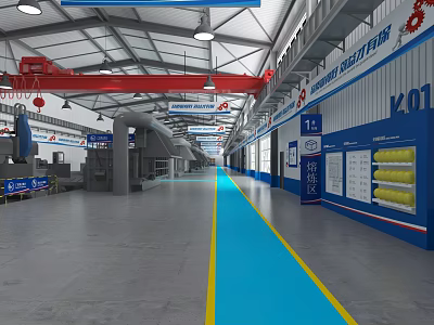 Industrial Factory Interior With Red Overhead Cranes Blue Floor Markings Equipment And Signage 3d model