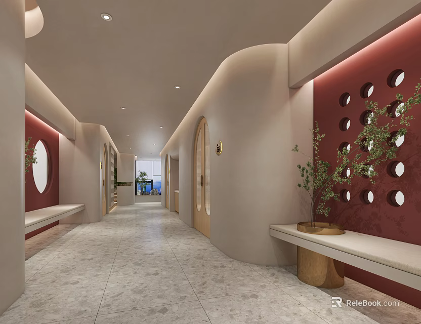 Modern Office Corridor Interior Design With Curved Walls Red Accent Wooden Bench And Green Plants 3d model 