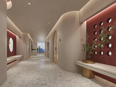 Modern Office Corridor Interior Design With Curved Walls Red Accent Wooden Bench And Green Plants 3d model