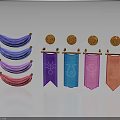Colorful Fabric Pieces and Gold Badges on Clothing Accessories with Banner Decorations and Various Symbols