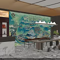 Blue and White Porcelain Specialty Store Interior With Display Shelves Marble Counter And Decorative Mural