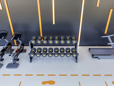 Gym Sports Equipment With Dumbbell Rack Dumbbells Rower Treadmill Orange Wall Lines And Floor Markers 3d model
