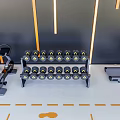 Gym Sports Equipment With Dumbbell Rack Dumbbells Rower Treadmill Orange Wall Lines And Floor Markers